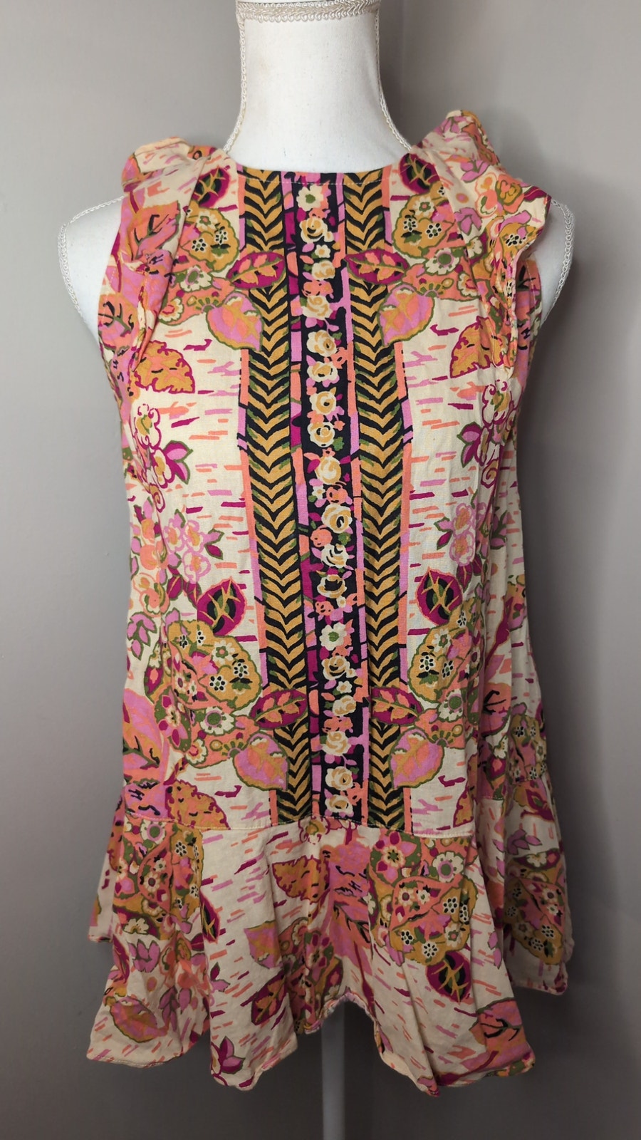 Free People Pink Printed Ruffle Hem Mini Dress Xs Boho Festival